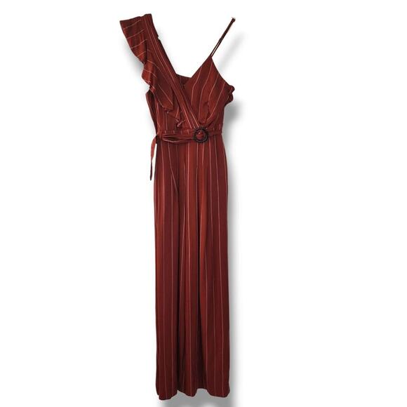 Three Floor Margaux Burgundy Rust Striped Sleeveless Ruffle Belted Jumpsuit Sz 8 - Picture 1 of 12